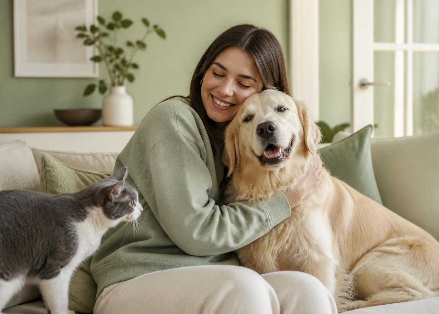 Mulher a abraçar o seu cão no sofá, com um gato ao lado